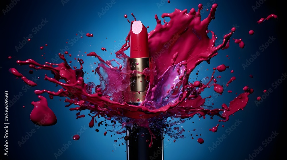 Red lipstick splashing out of a black bottle on a blue background - obrazy, fototapety, plakaty 