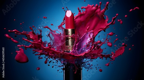 Red lipstick splashing out of a black bottle on a blue background photo