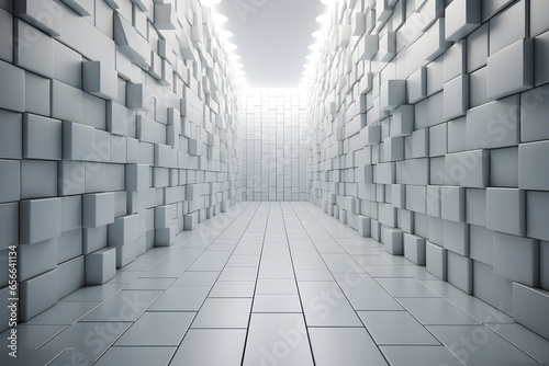 3d rendering of abstract white cubes in empty room. Futuristic background