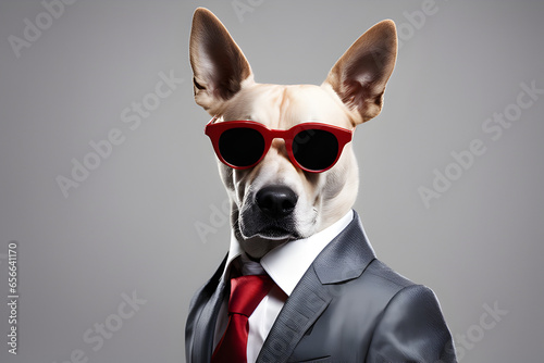 Portrait of a dog wearing a suit and sunglasses © abvbakarrr