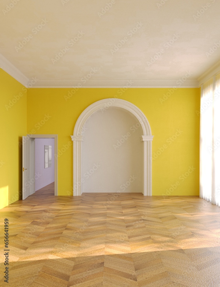 Großer heller Raum mit Parkettboden und gelben Wänden. Hohe Stuckdecken und Rundbogen.