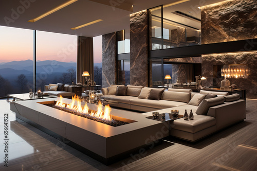 modern luxury living room with stone walls and high ceilings. tall windows with mountain view