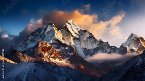 Panoramic view of Himalaya mountains at sunset, Nepal.
