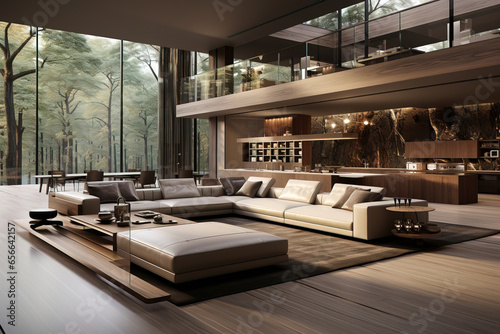luxury modern living room with one large couch two floors and tall windows with a forest view