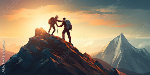Teamwork concept with man helping friend reach the mountain top © Sasint