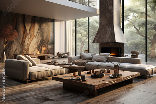 modern open concept living room with two large couches, a wooden table and a big fireplace against the windows