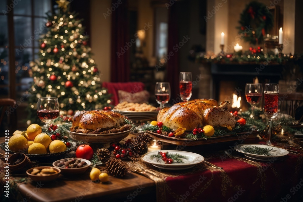 Traditional New Year's table with turkey, snacks, champagne, candles in the living room. Holiday, family values, Christmas concepts Traditional New Year's table with turkey, snacks, champagne, candles in the living room. Holiday, family values, Christmas concepts