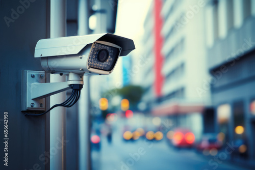 Security camera on the wall of a building monitoring at city street or traffic photo