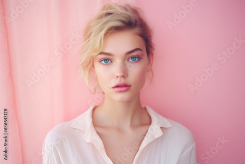 Portrait of beautiful young woman with blond hair and blue eyes on pink background