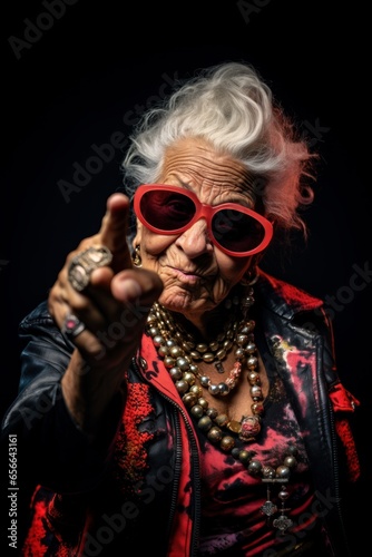 Portrait of an old rocker woman in red sunglasses on a black background