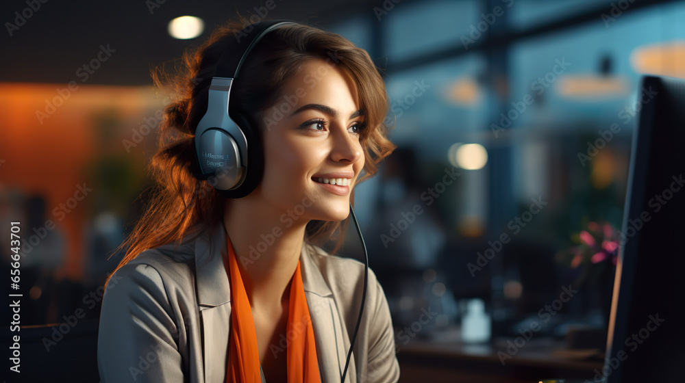 Telephone hotline, female employee with headset in callcenter gives support by phone in front of a computer, online meeting | Generative AI