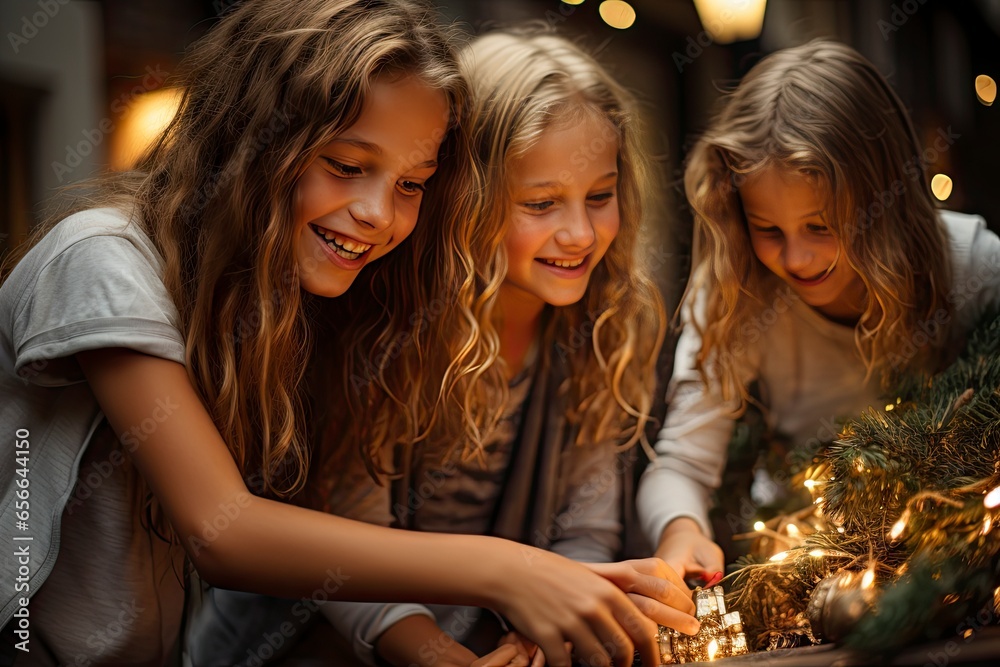 Merry Christmas and Happy Holiday! Cute little children girls with present gift box near tree at home.