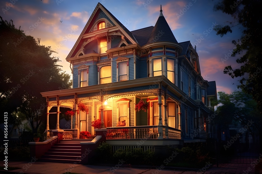 Panoramic view of a beautiful old house in the evening.
