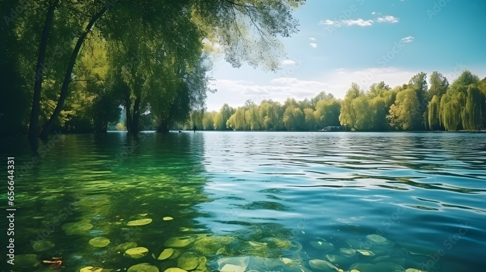 Fototapeta premium Lake and green trees in jungle.