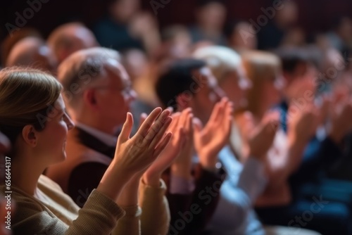 People listening and clapping at conference and presentation. AI Generated