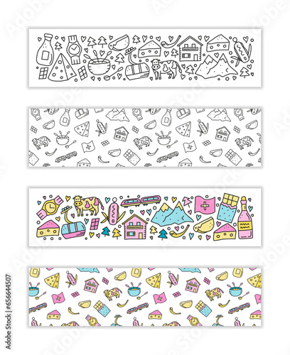Banners with doodle Switzerland travel icons.