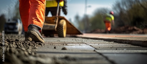 Groundworker in hi viz carrying concrete kerbs on construction site with copyspace for text