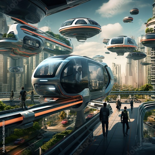 futuristic world with flighing buildings, cars, robots and people photo