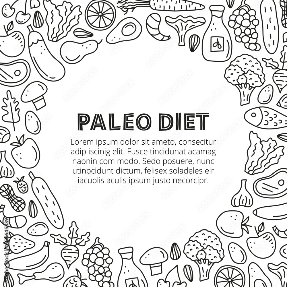 Obraz premium Poster with lettering paleo and doodle outline foods.
