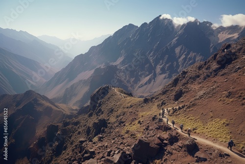 Journey Through Atlas Majesty. Witness the Nomadic Culture as Berbers and Mules Embark on an Adventure Laden with Bags and Boxes in the Moroccan Wilderness of Toubkal