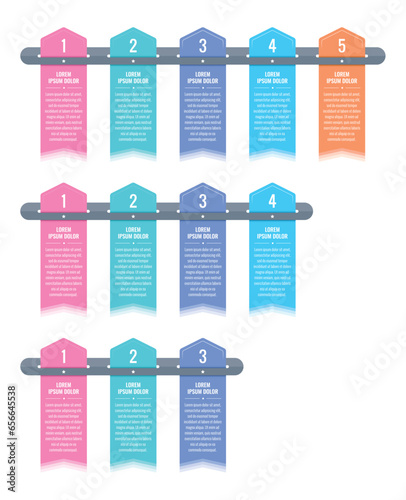 infographic template with five step arrow design. informational template with four options. three steps streamer infographic template