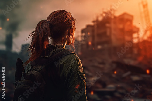 Rear view of a woman standing in a dystopian city during apocalypse photo