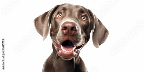 Cute playful doggy or pet is playing and looking happy isolated on white background. Brown weimaraner young dog is posing. Cute, happy crazy dog headshot smiling on white, Generative AI
