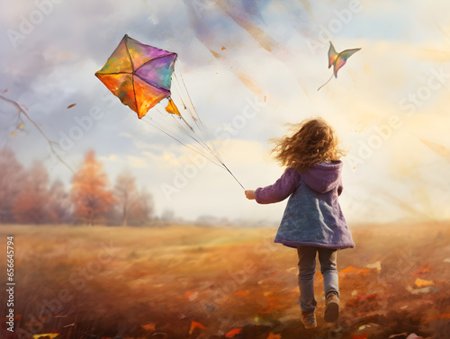 a young girl playing with a kite in a field