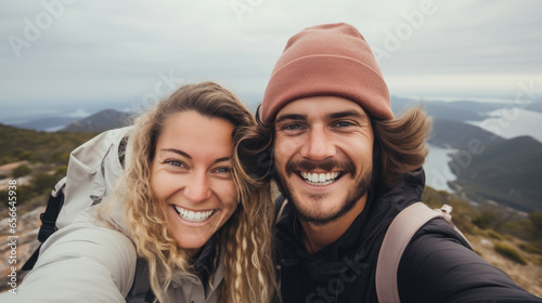 Young hiker couple taking selfie portrait on the top of mountain - Happy guy smiling at camera - Tourism, sport life style and social media influencer concept