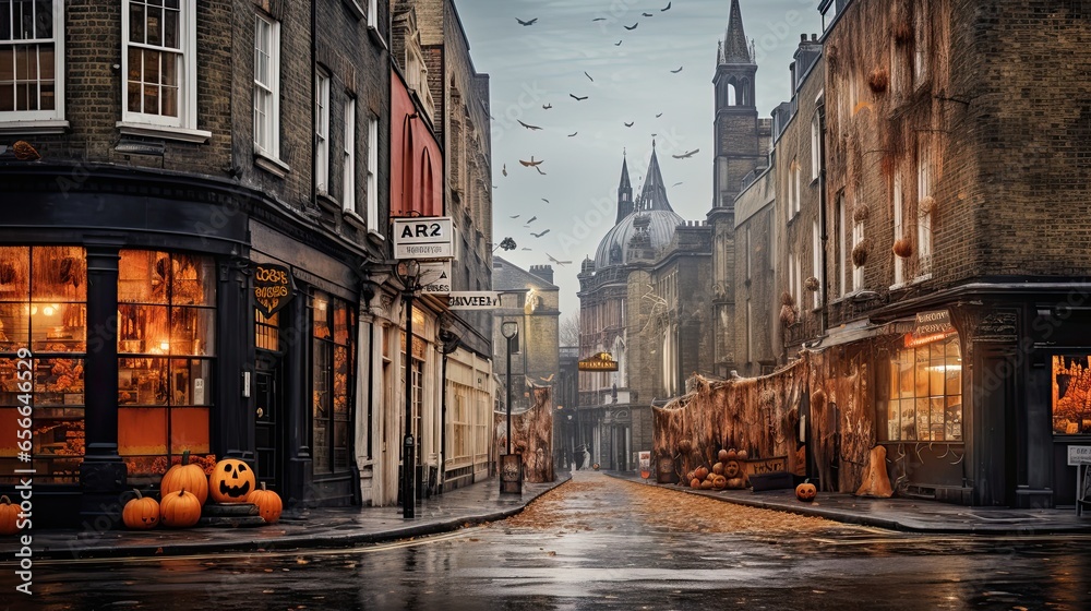 Illustrations of terrifying pumpkins on a dark street.