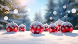 Boules de Noël rouges posées sur la neige. Paysage hivernal, neige, flocon. Pour conception et création graphique.