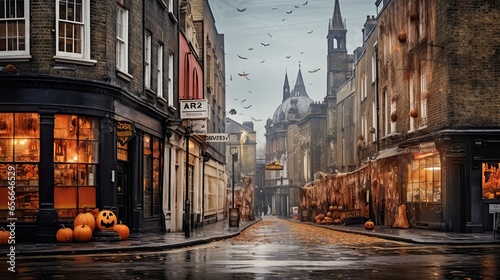 Illustrations of terrifying pumpkins on a dark street.
