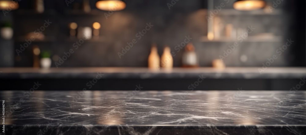 Modern empty dark marble table top or kitchen island on blurry bokeh kitchen room interior background. for montage product display. digital ai art, Generative AI - obrazy, fototapety, plakaty 