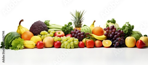 Fruit and veggies separated on a white backdrop with copyspace for text