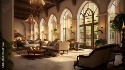 Luxury hotel lobby interior. Panoramic view of a luxury hotel lobby.