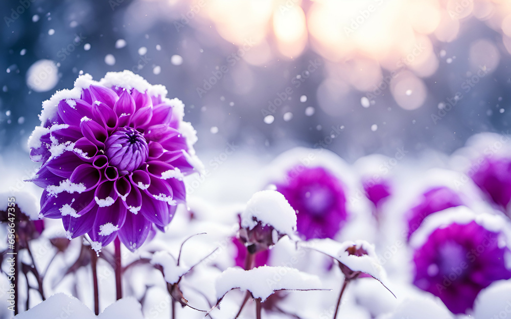 Beautiful purple dahlia flower on smooth nature winter snowing bokeh background