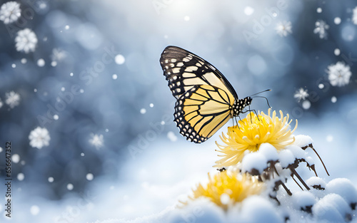 Beautiful yellow butterfly on dahlia flower in snowing winter forest