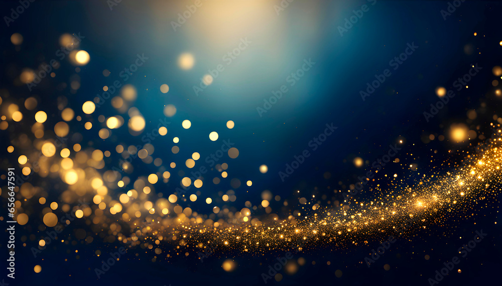 Golden shiny particles on a dark blue background for the design of New Year and Christmas greetings.
