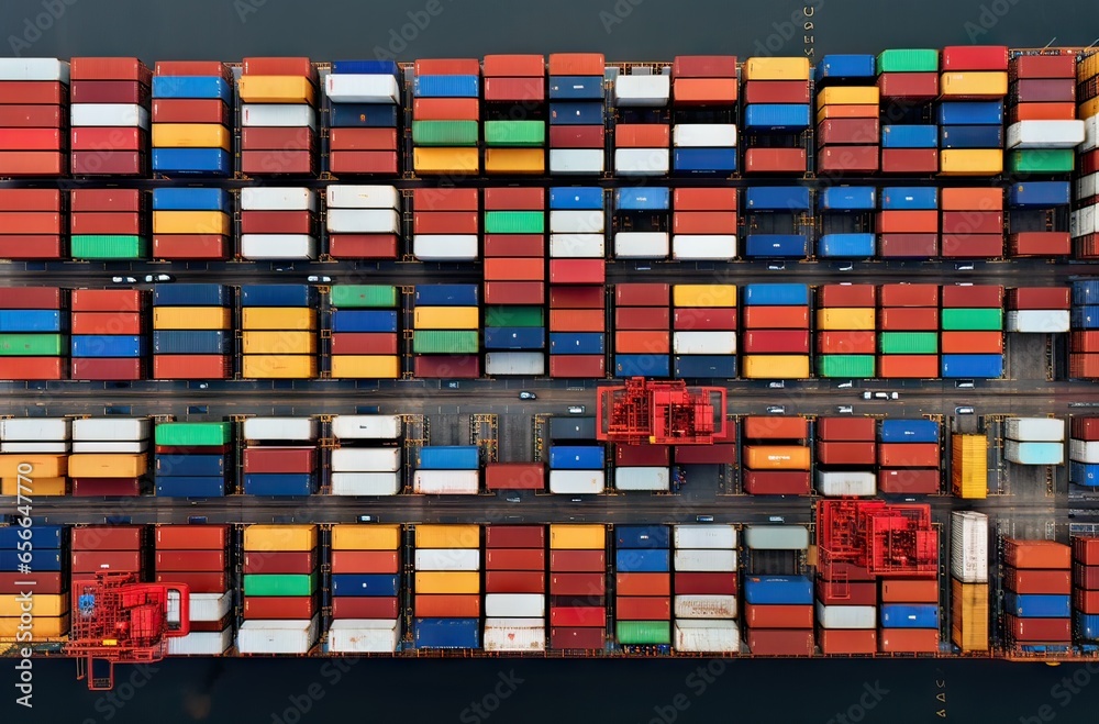 Obraz premium aerial view of a cargo port with many containers, logistics concept