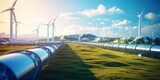 A hydrogen pipeline with wind turbines and  in the background. Green hydrogen production concept, Generative AI