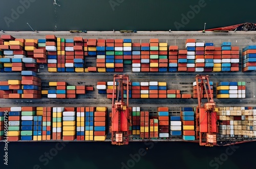 aerial view of a cargo port with many containers in front of the sea, logistic concept