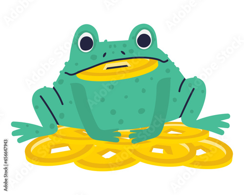 Money toad sits on gold coins. Symbol of wealth. Flat vector illustration, eps10