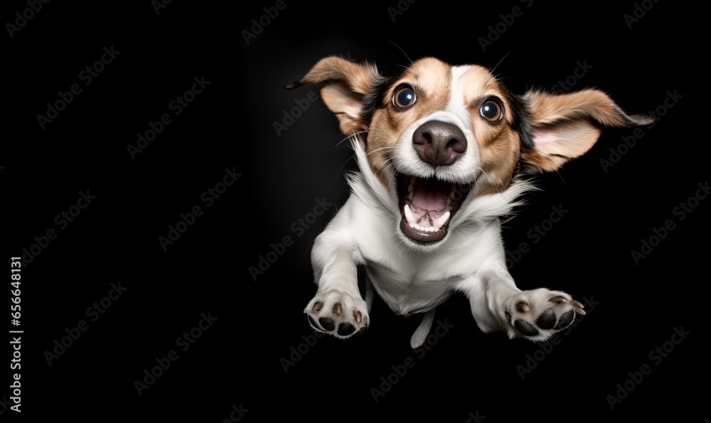 Funny dog in jump. jumping puppy. shocked surprised playful doggy or pet isolated on black background. crazy dog headshot smiling on black background with copy, Generative AI Funny dog in jump. jumping puppy. shocked surprised playful doggy or pet isolated on black background. crazy dog headshot smiling on black background with copy, Generative AI