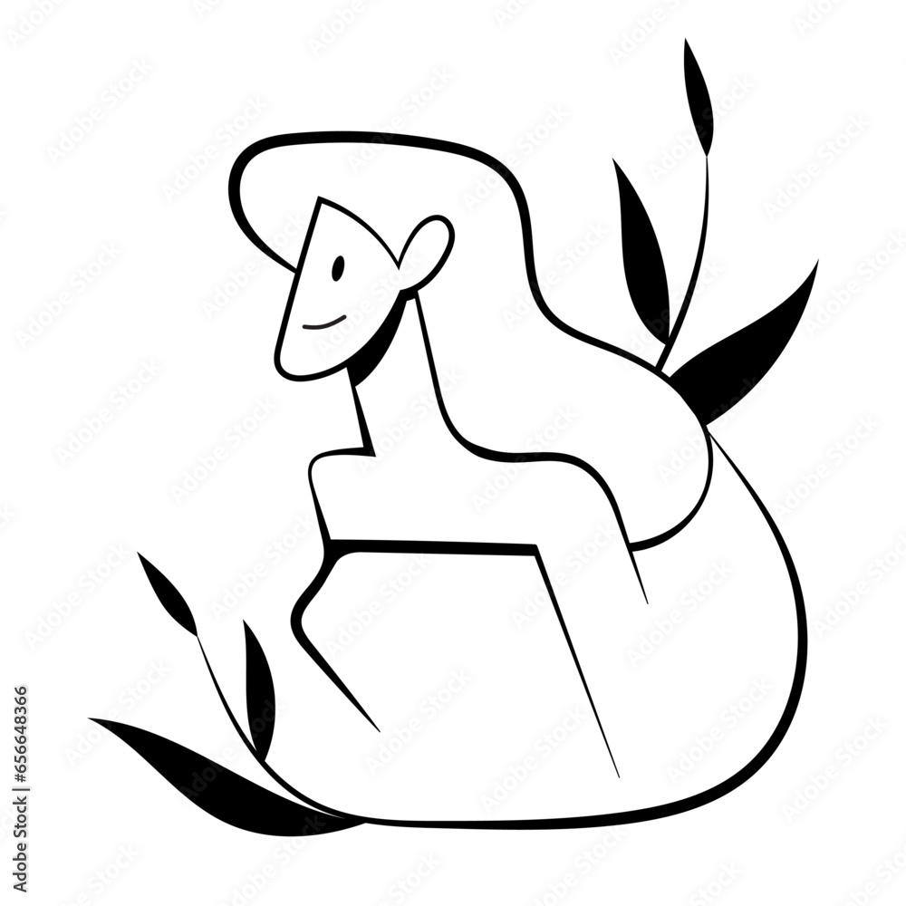 vector trendy linear stylized black and white drawing of a woman in profile with beautiful hair surrounded by flowers isolated on a white background. useful for print, postcards, posters, advertising. vector trendy linear stylized black and white drawing of a woman in profile with beautiful hair surrounded by flowers isolated on a white background. useful for print, postcards, posters, advertising.