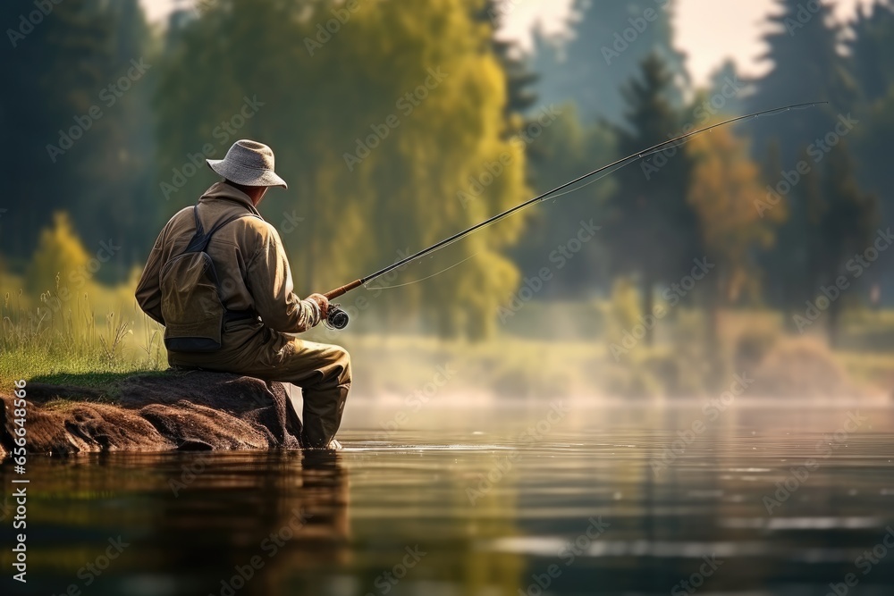 Fishing, a fisherman with a fishing rod on the shore of a lake or pond catches fish. Peaceful morning dawn and silence, fishing for perch crucian carp with bait, leisure hobby - obrazy, fototapety, plakaty 