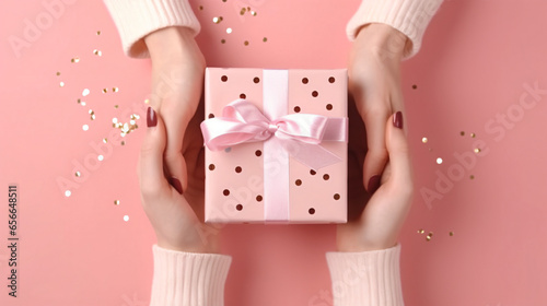 Womans hands holding gift or present box decorated confetti on pink pastel table top view. Composition for Christmass