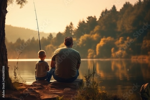 Fishing, a fisherman with a fishing rod on the shore of a lake or pond catches fish. Peaceful morning dawn and silence, fishing for perch crucian carp with bait, leisure hobby