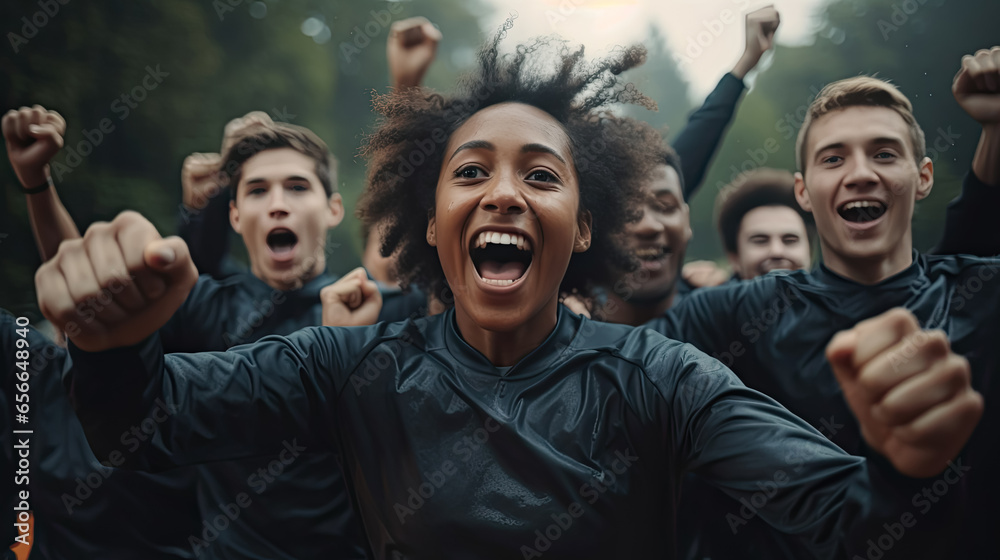 Young team of male athletes standing together and screaming in excitement. Diverse group of runners enjoying victory. Young team of male athletes standing together and screaming in excitement. Diverse group of runners enjoying victory.