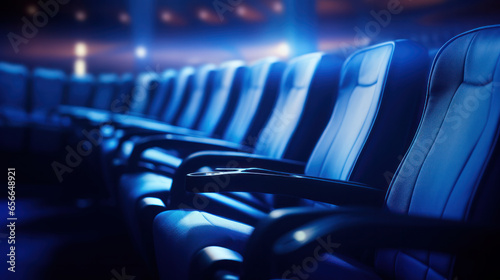 Empty blue cinema seats, chairs.