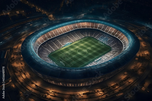 Aerial view of soccer stadium or football field in night time